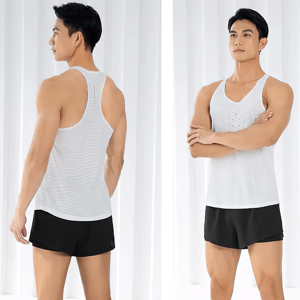Men's Breathable Tank Top for Gym and Running - SF4090 in white mesh fabric, front and back view, ideal for sports and workouts.