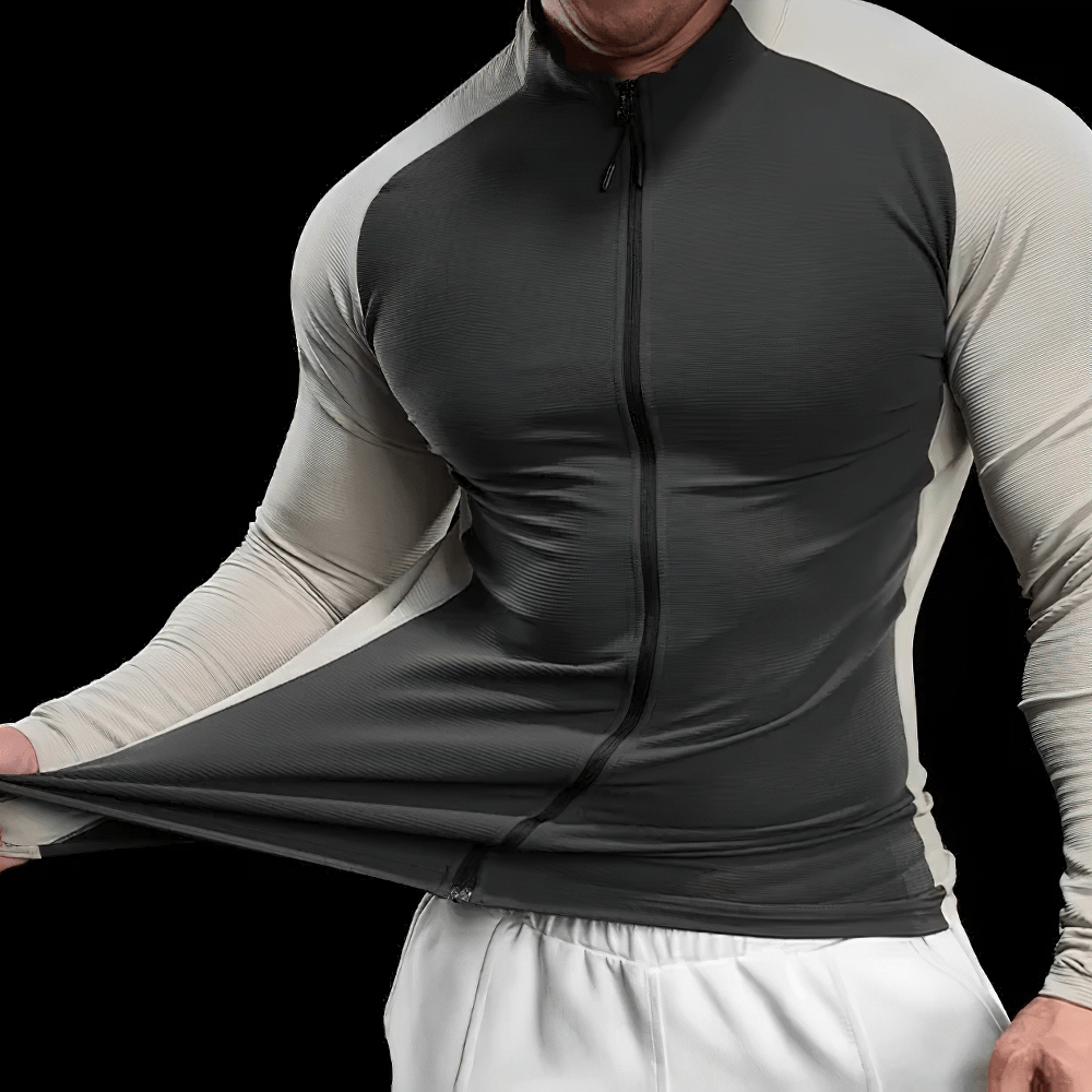 Men's Breathable Zip Front Running Training Jacket - SF4598 showcased by a model, highlighting its slim fit and lightweight design.