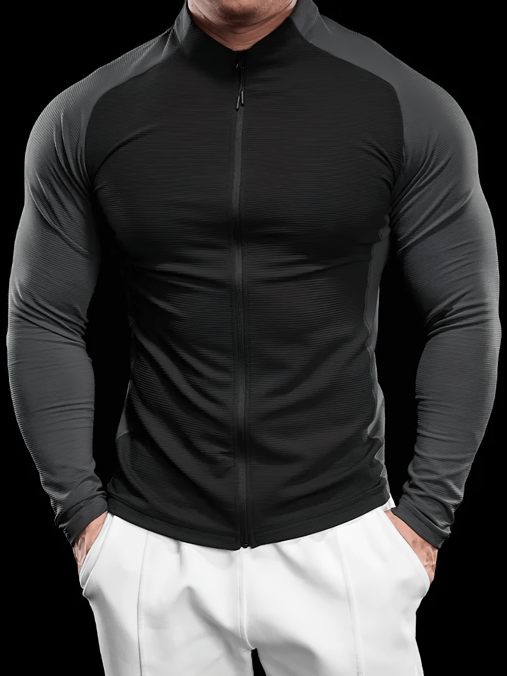 Men's Breathable Zip Front Running Training Jacket - SF4598 worn by a fit man in a sleek black design.