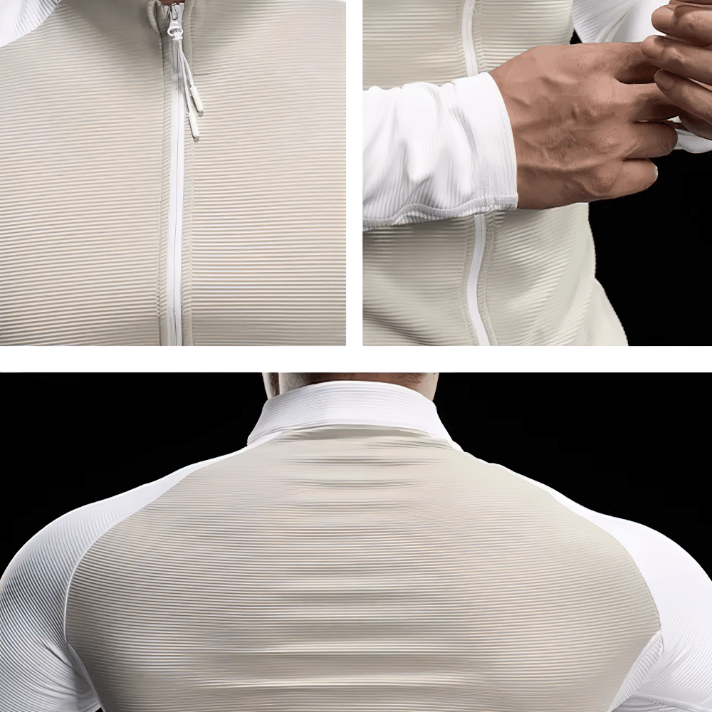 Men's Breathable Zip Front Running Training Jacket - SF4598 close-up of fabric and fit details, perfect for autumn workouts.