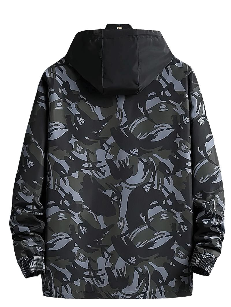 Men's camo print hooded waterproof tactical jacket SF1980, perfect for outdoor adventures, windproof and breathable in gray camo.