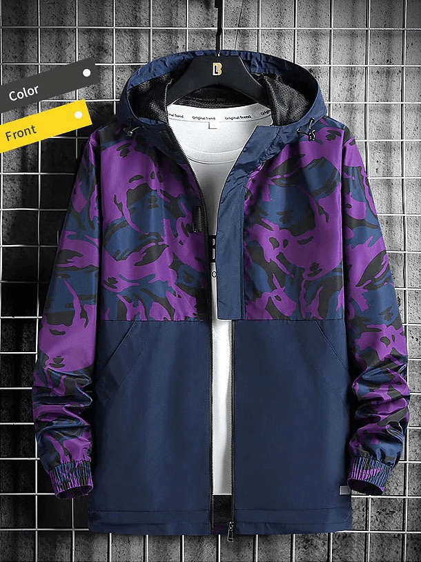 Men's camo print hooded waterproof tactical jacket with purple camo and navy design, perfect for outdoor activities.