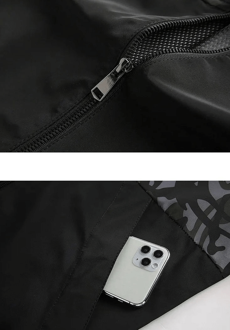 Close-up of waterproof camo jacket details with zipper and phone pocket. Ideal for outdoor activities. Model SF1980.