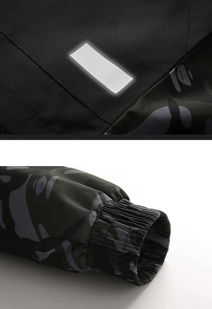 Close-up of men's camo print hooded waterproof tactical jacket showing sleeve and camo detail.