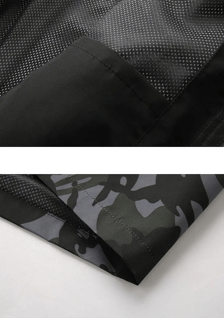 Detail of the Men's Camo Print Hooded Waterproof Tactical Jacket showing camo pattern and fabric texture, SF1980.