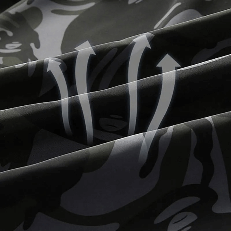 Close-up of breathable camo print fabric with airflow arrows, highlighting the waterproof features of the men's tactical jacket SF1980.