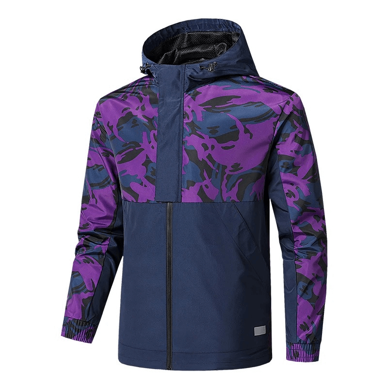 Men's purple camo print hooded waterproof tactical jacket, breathable polyester, ideal for hiking and camping, style SF1980.