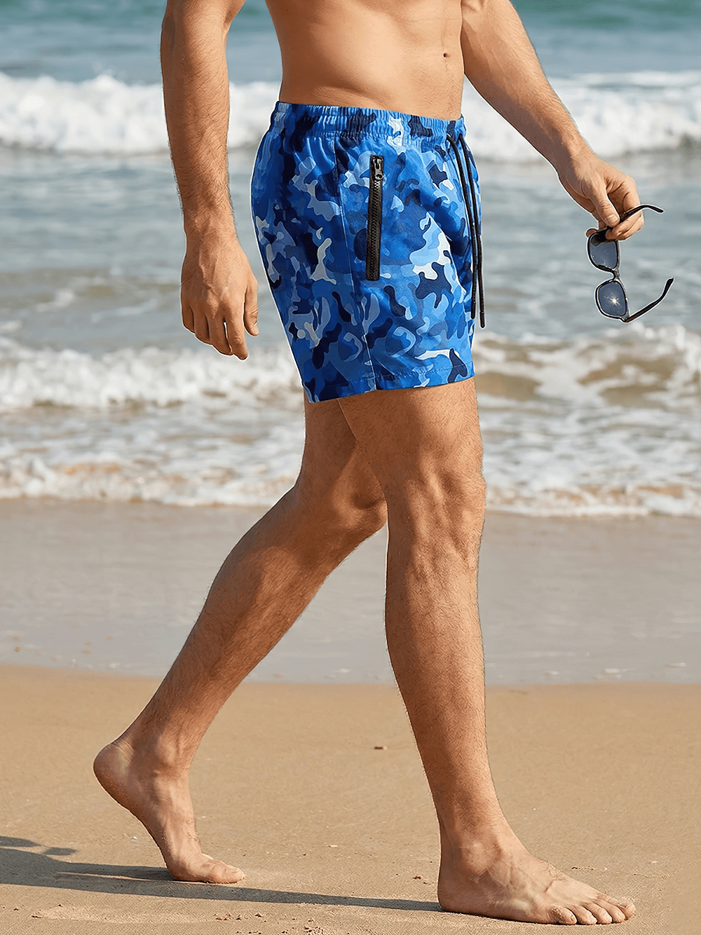 Alt Tag: Men's Camo Printed Beach Shorts with Mesh Liner - SF4503 blue camo board shorts with mesh liner, zip pockets, beach walk style