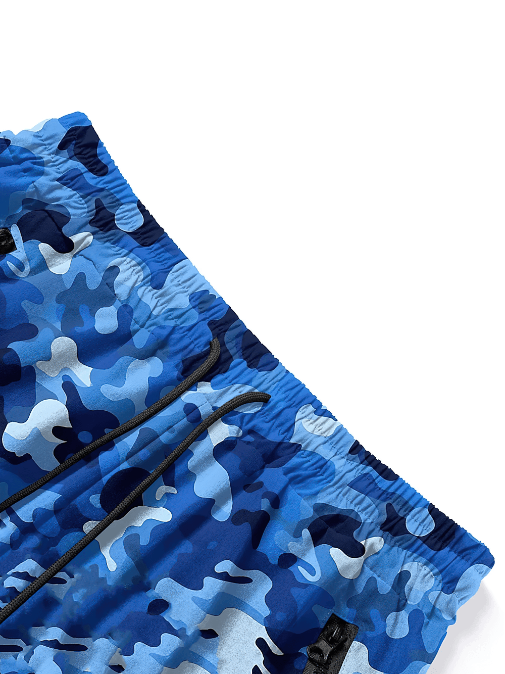 Alt Tag: Men's Camo Printed Beach Shorts with Mesh Liner - SF4503 blue camo above-knee board shorts with elastic waist and zip pockets