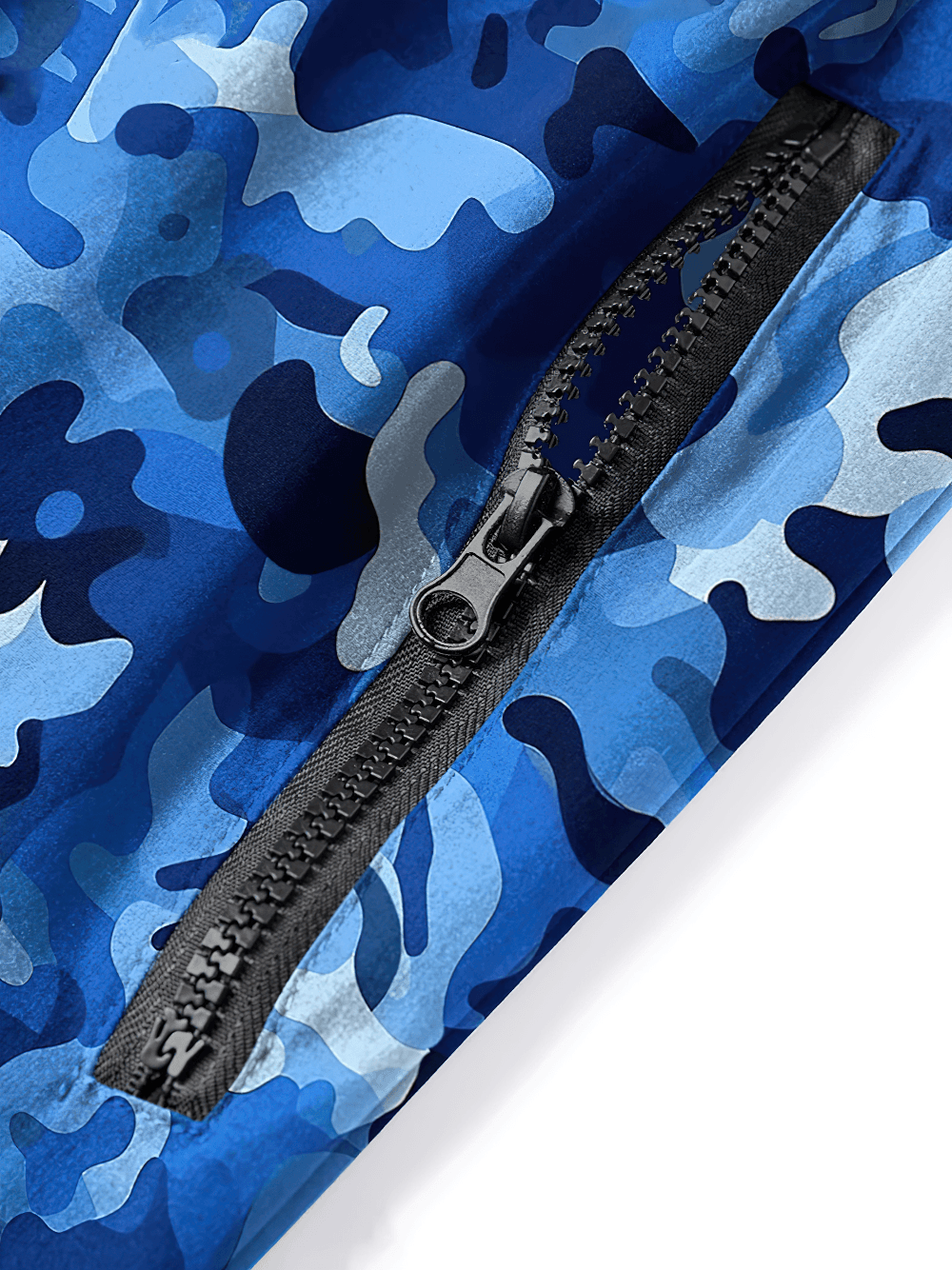 Alt Tag: Men's Camo Printed Beach Shorts with Mesh Liner - SF4503 blue camo fabric close-up with zip side pocket and mesh-lined detail