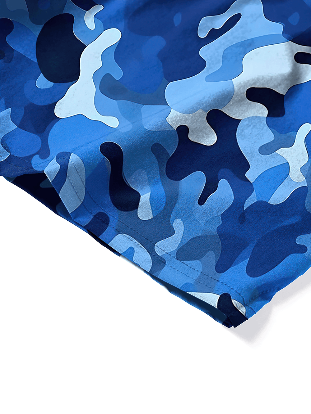 Alt Tag: Men's Camo Printed Beach Shorts with Mesh Liner - SF4503 blue camouflage print detail with mesh liner vibe