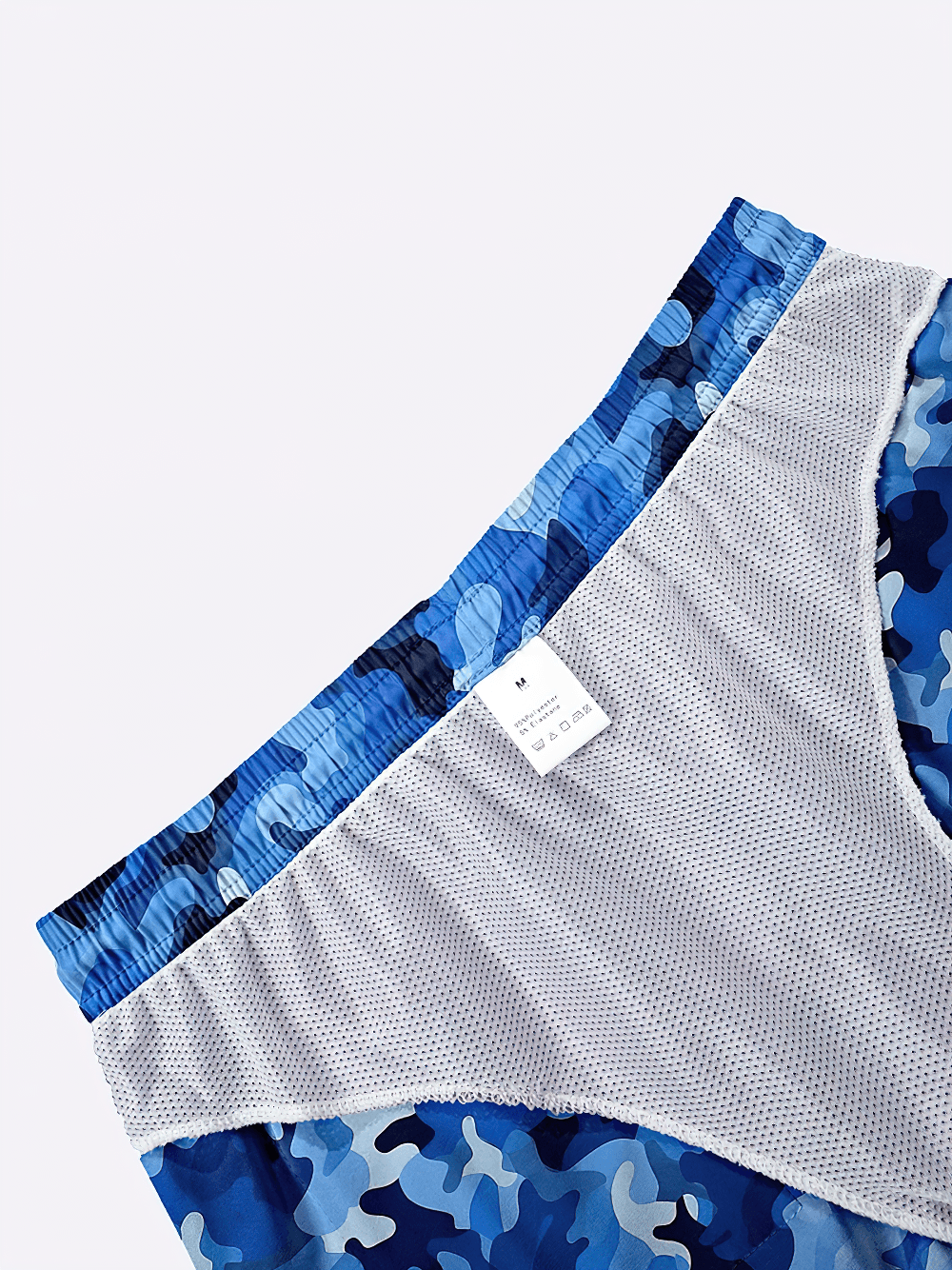 Alt Tag: Men's Camo Printed Beach Shorts with Mesh Liner - SF4503 blue camo waistband and breathable mesh liner detail