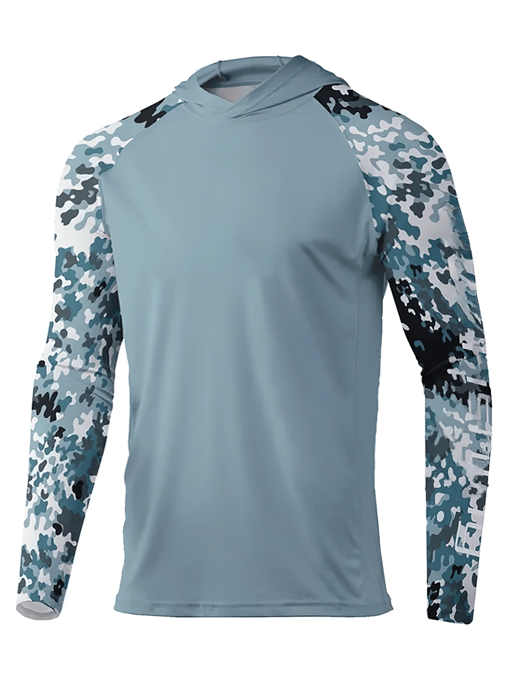 Men's Camo Sleeve Fishing Hoodie for Outdoor Sports - SF4641 in light blue with camouflage sleeves.