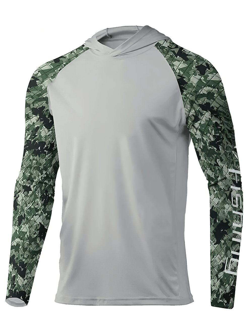 Men's Camo Sleeve Fishing Hoodie for Outdoor Sports - SF4641 in grey with camo raglan sleeves