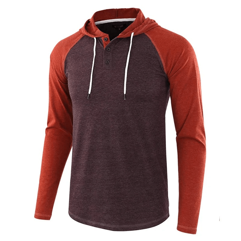 Men's casual patchwork hooded top in red and maroon, perfect for sporty comfort, long sleeves, and stylish modern design.