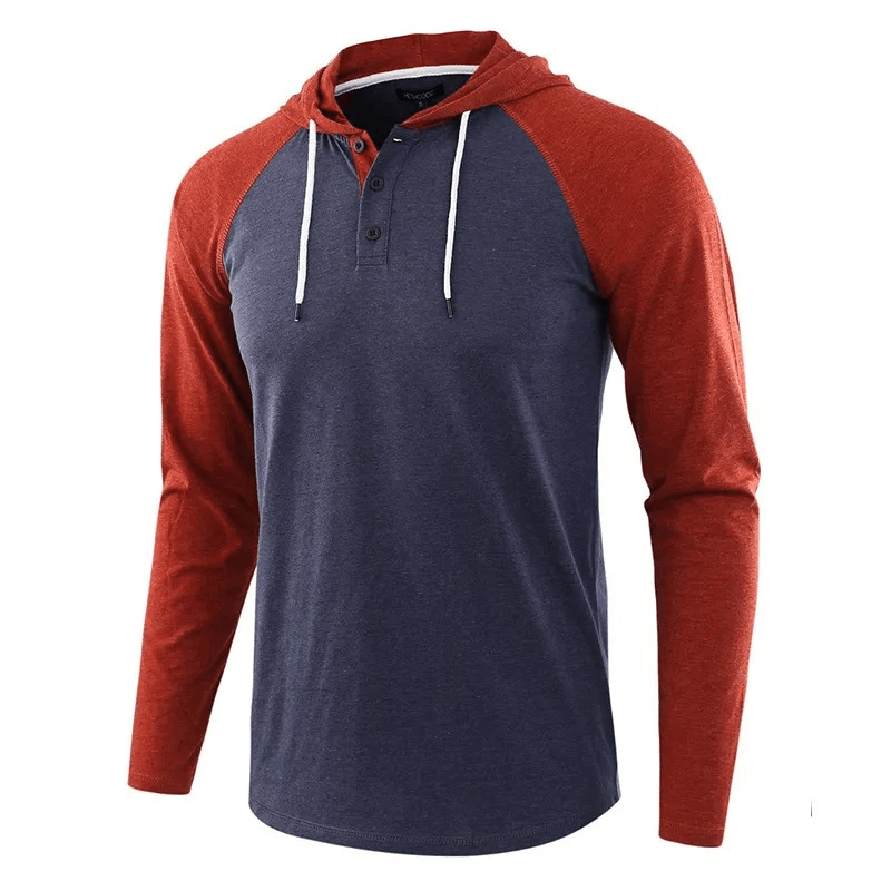 Men's casual patchwork hooded top with red sleeves and navy body, long sleeves sportswear style SF1599.