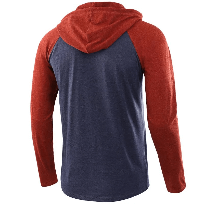 Men's casual patchwork hooded top with red sleeves and blue back, long sleeve sportswear, SF1599, cotton-polyester blend.