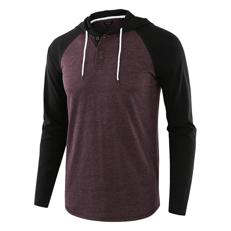 Men's casual patchwork hooded top with long sleeves in black and maroon, featuring a comfortable and stylish design.