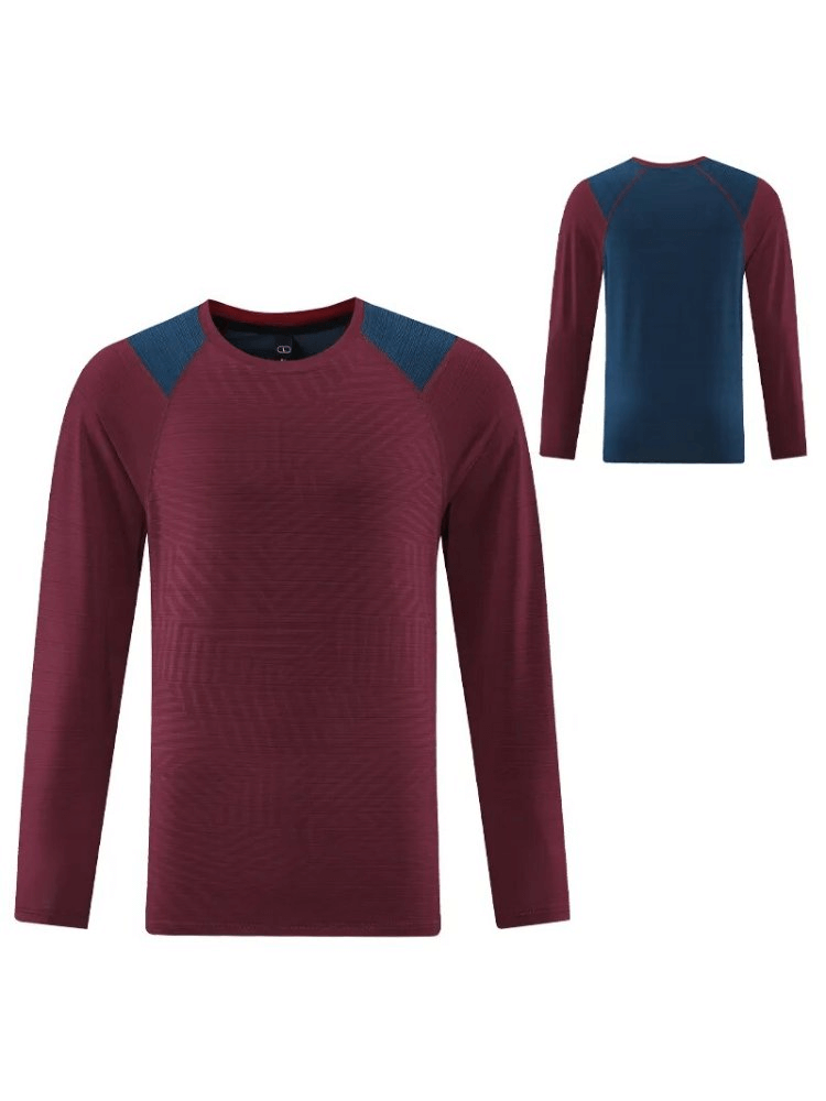 Men's Casual Sports Long Sleeves Top in maroon and blue, made of breathable polyester for running and jogging. Quick-dry comfort.