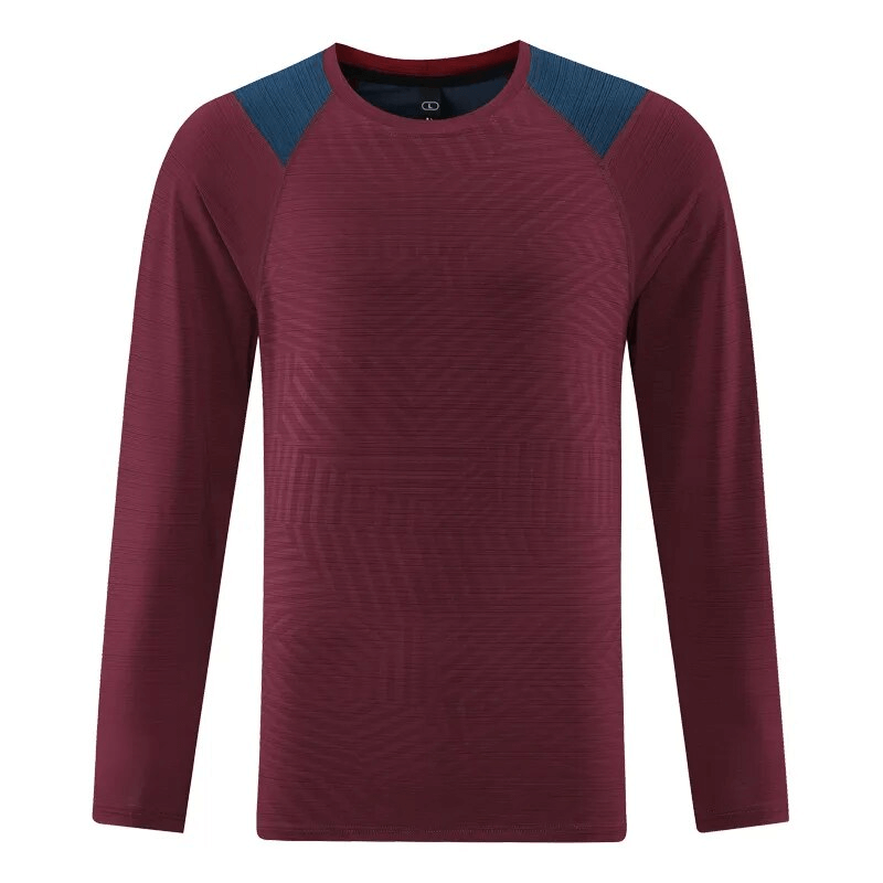 Men's Casual Sports Long Sleeves Top SF1556 in maroon with blue shoulders, made of polyester for moisture-wicking and quick-drying comfort.