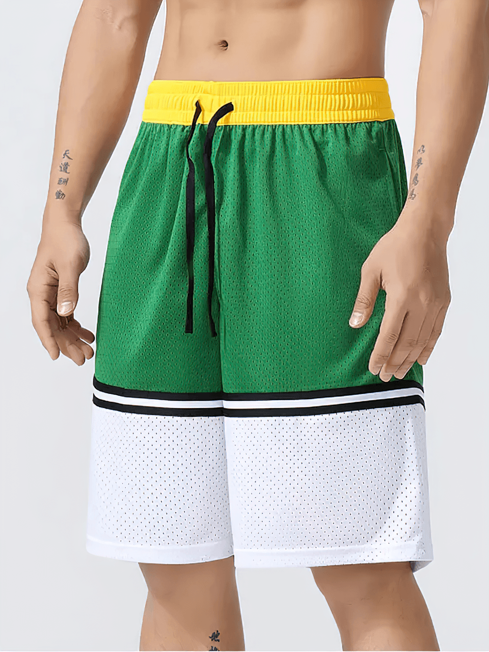 Men's Color Block Mesh Basketball Training Shorts - SF4573 in green and yellow with a breathable design.