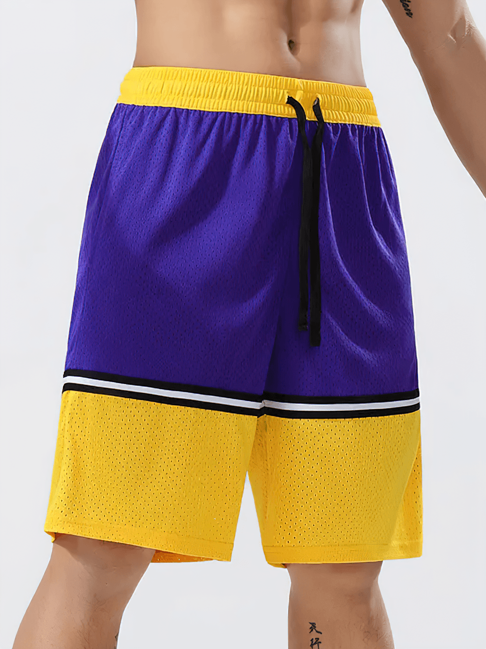Men's Color Block Mesh Basketball Training Shorts - SF4573 in purple and yellow with elastic waistband