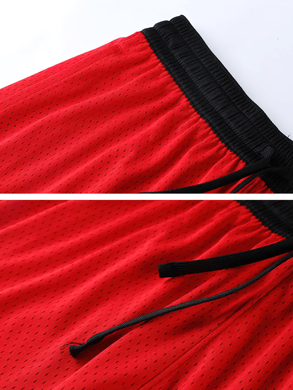 Men's Color Block Mesh Basketball Training Shorts - SF4573 close-up of elastic waistband and drawstring in red fabric