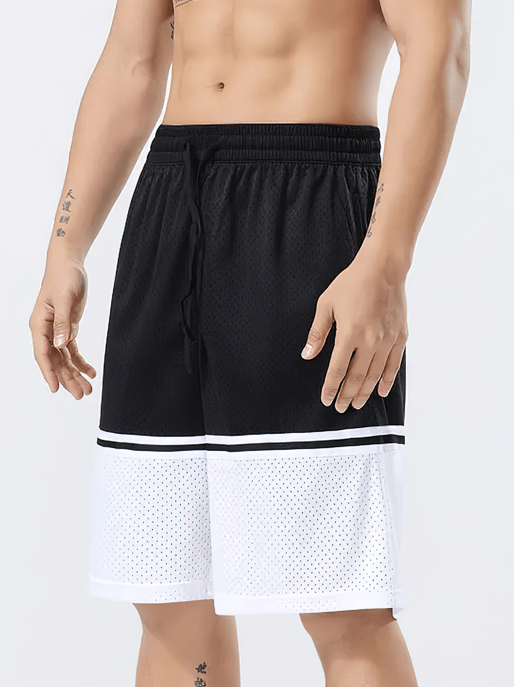 Men's Color Block Mesh Basketball Training Shorts - SF4573 in black and white, featuring a breathable mesh design and drawstring.