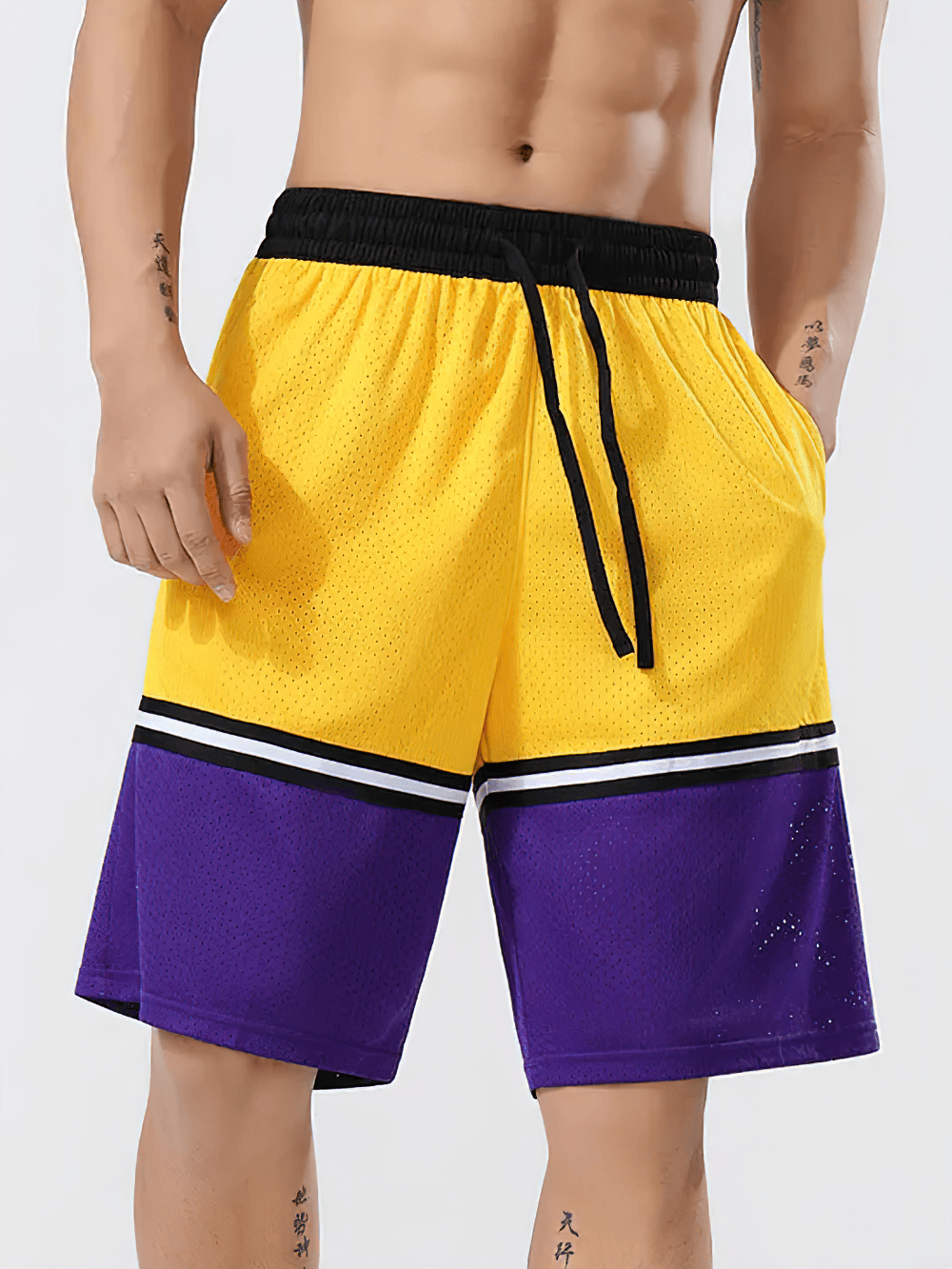 Men's Color Block Mesh Basketball Training Shorts - SF4573 in yellow and purple with black waistband.