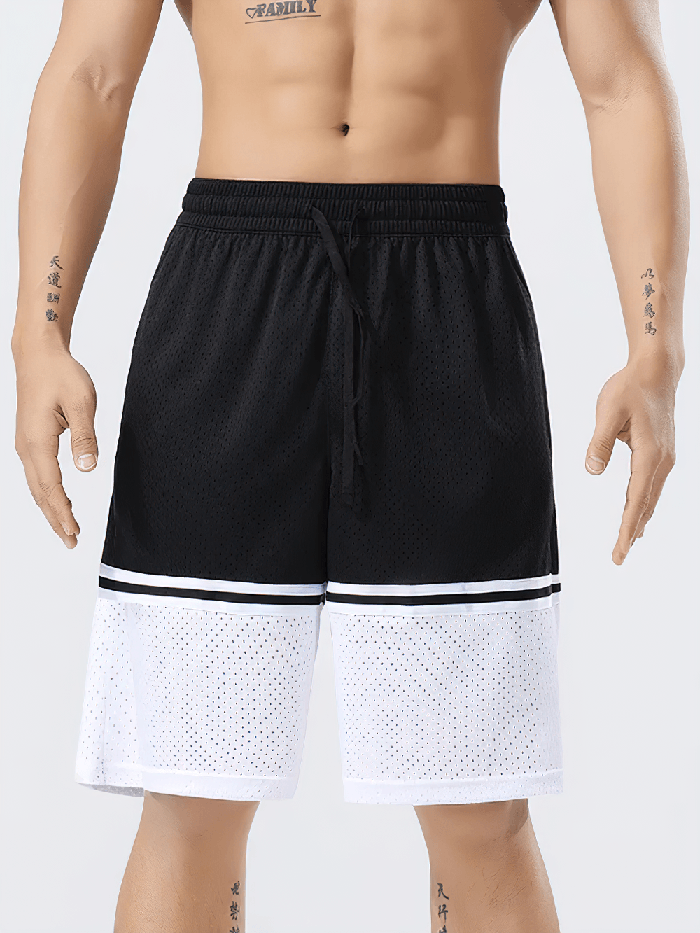 Men's Color Block Mesh Basketball Training Shorts - SF4573 worn by a mannequin showcasing the black and white design.