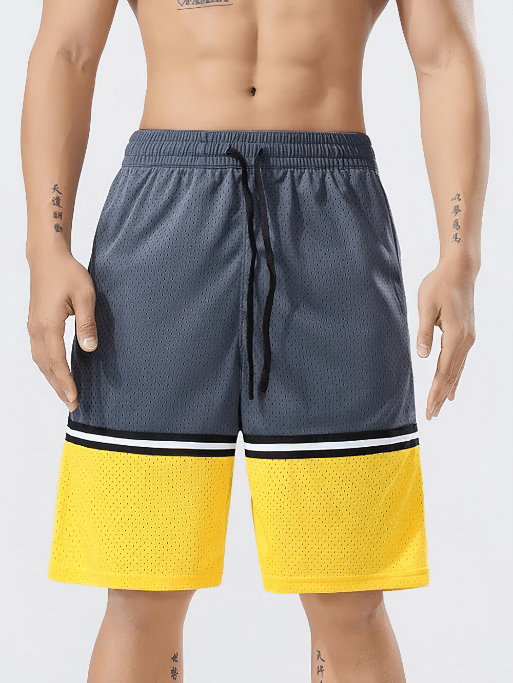 Men's Color Block Mesh Basketball Training Shorts - SF4573 in grey and yellow, ideal for workouts and summer wear.
