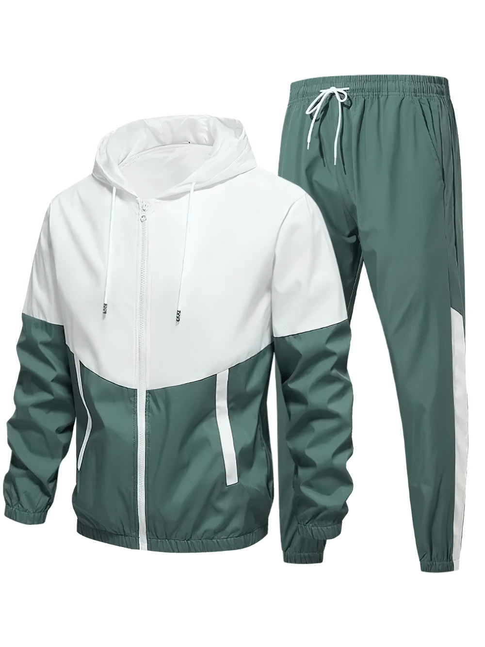 Men's Color Block Tracksuit with Hooded Jacket - SF4702 in green and white, featuring zip hood and jogger pants.