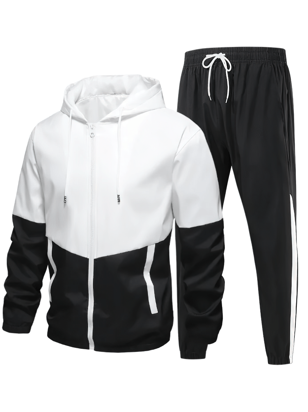 Men's Color Block Tracksuit with Hooded Jacket - SF4702 in black and white, perfect for casual wear and gym sessions.