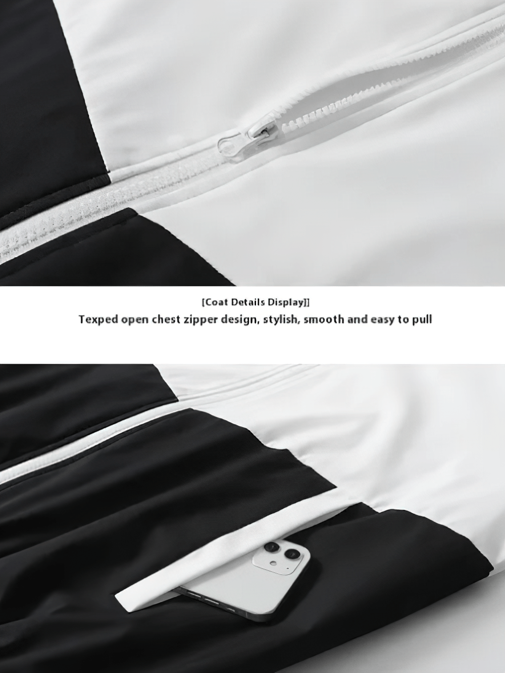 Men's Color Block Tracksuit with Hooded Jacket - SF4702 coat details showing stylish zipper and practical pocket.