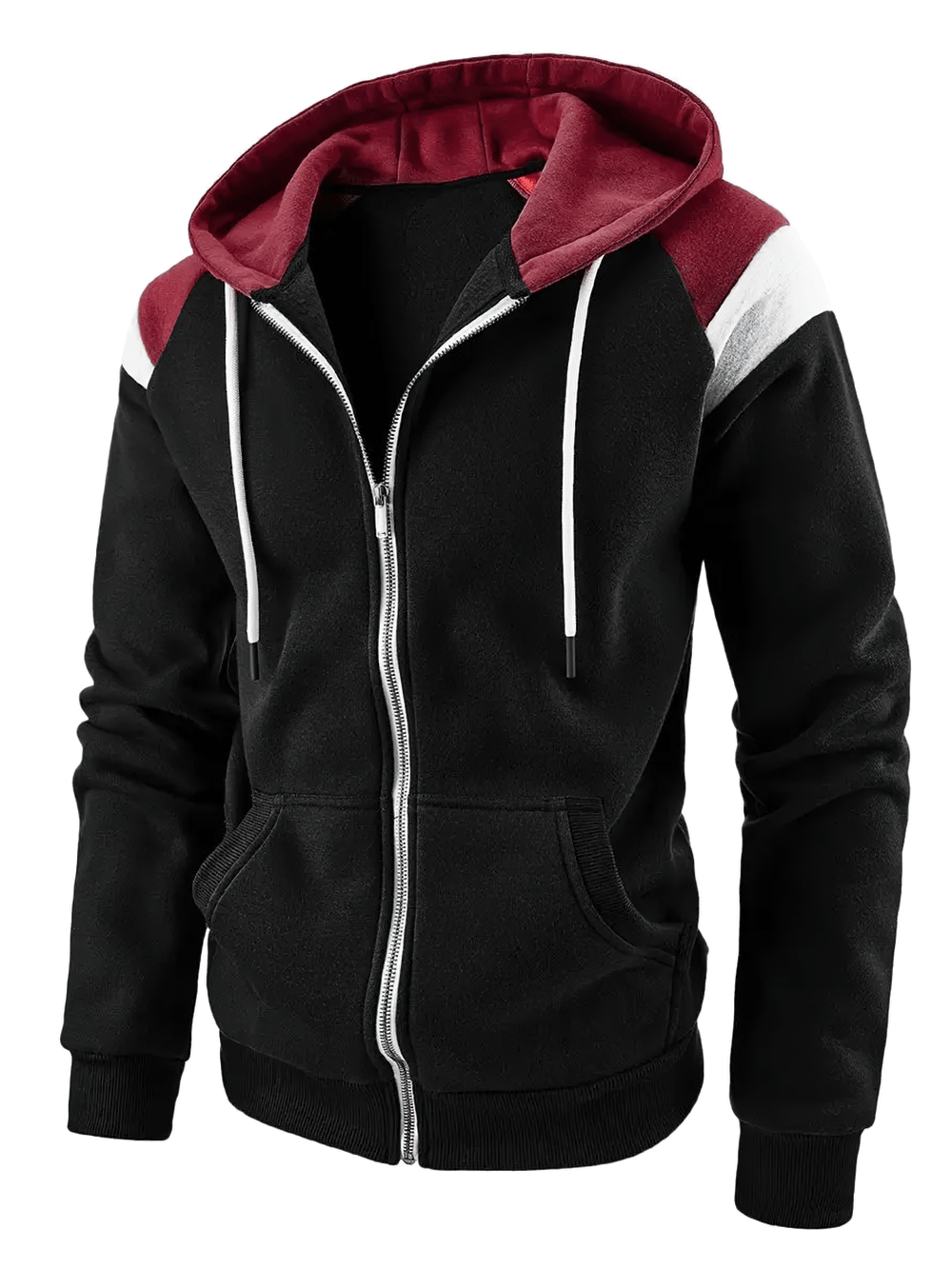 Men's Color Block Zip Up Hoodie with Drawstring - SF4621 in black and maroon color design.