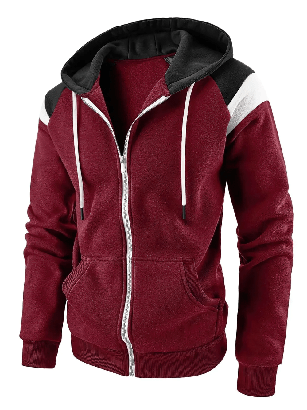 Men's Color Block Zip Up Hoodie with Drawstring - SF4621 in burgundy color with drawstring hood and contrasting panels.