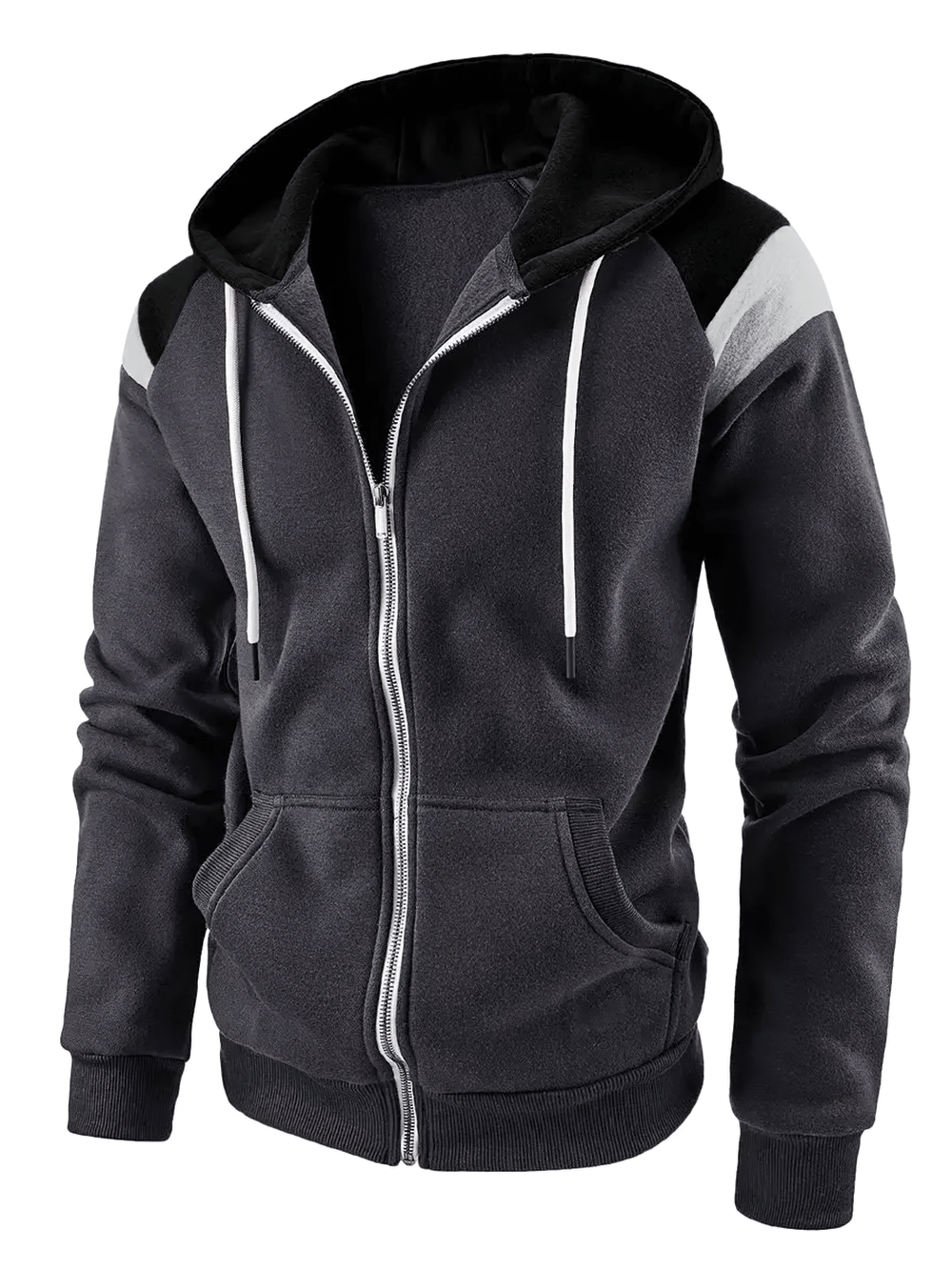 Men's Color Block Zip Up Hoodie with Drawstring - SF4621 in black color with contrast shoulder panels and front pockets.