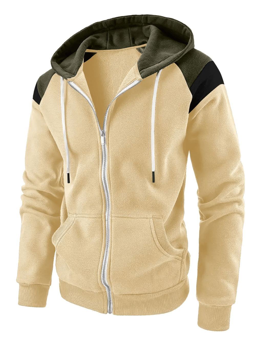 Men's Color Block Zip Up Hoodie with Drawstring - SF4621 in beige with contrasting shoulder panels.