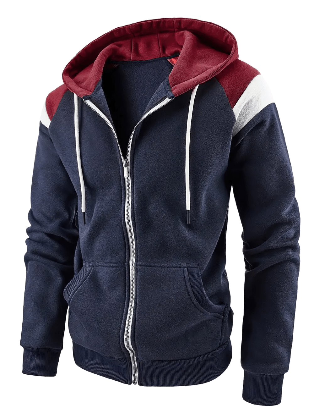 Men's Color Block Zip Up Hoodie with Drawstring - SF4621 in navy, burgundy, and white with a sporty look.