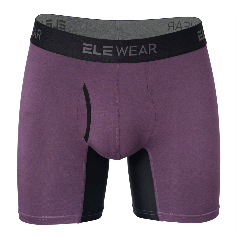 Men's Colorblock Boxer Briefs with Open Fly Pouch - SF4743 in purple with black accents and elastic logo waistband.
