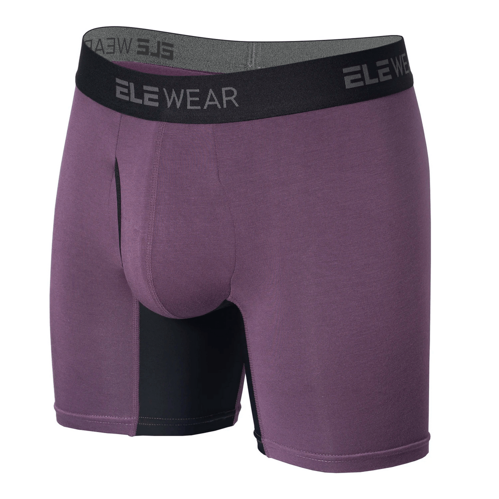 Men's Colorblock Boxer Briefs with Open Fly Pouch - SF4743 in purple with black accents and elastic waistband.