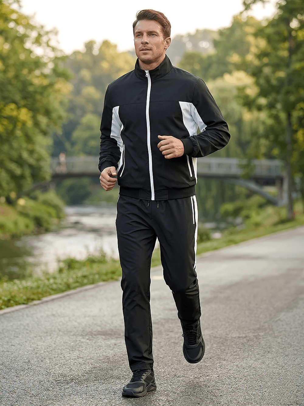 Men's Colorblock Zip Up Track Suit with Jogger Pants - SF4558 being worn by a man jogging in the park.