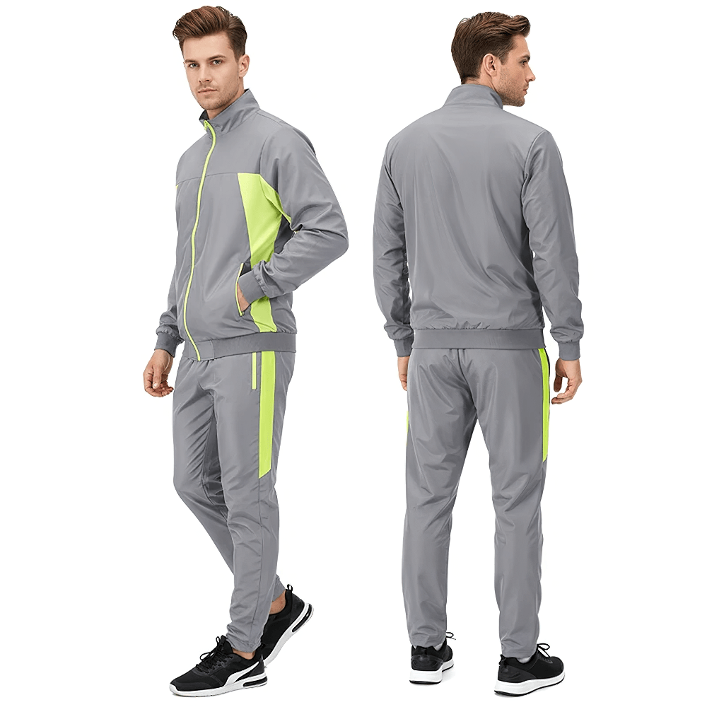 Men's Colorblock Zip Up Track Suit with Jogger Pants - SF4558 in gray and neon green on model, showcasing front and back views.