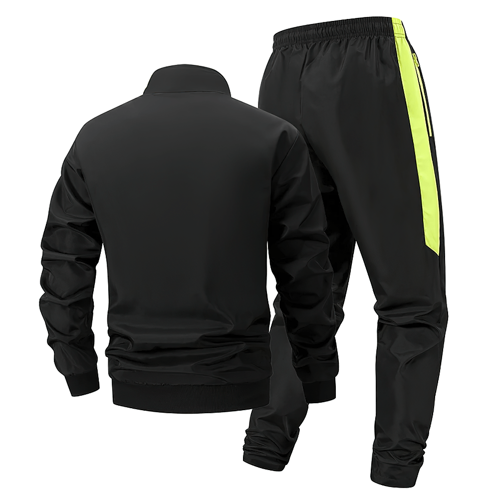 Men's Colorblock Zip Up Track Suit with Jogger Pants - SF4558 in black and neon accents from the back view.