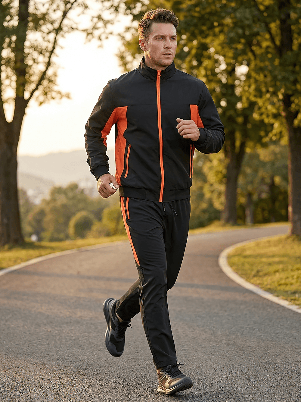 Men's Colorblock Zip Up Track Suit with Jogger Pants - SF4558, stylish track suit worn by a man jogging outdoors.