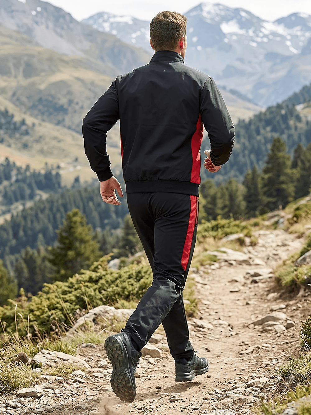 Men's Colorblock Zip Up Track Suit with Jogger Pants - SF4558 worn by man jogging in nature with mountains in the background.