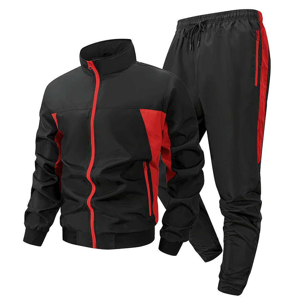Men's Colorblock Zip Up Track Suit with Jogger Pants - SF4558 in black and red, featuring stylish zippered pockets.