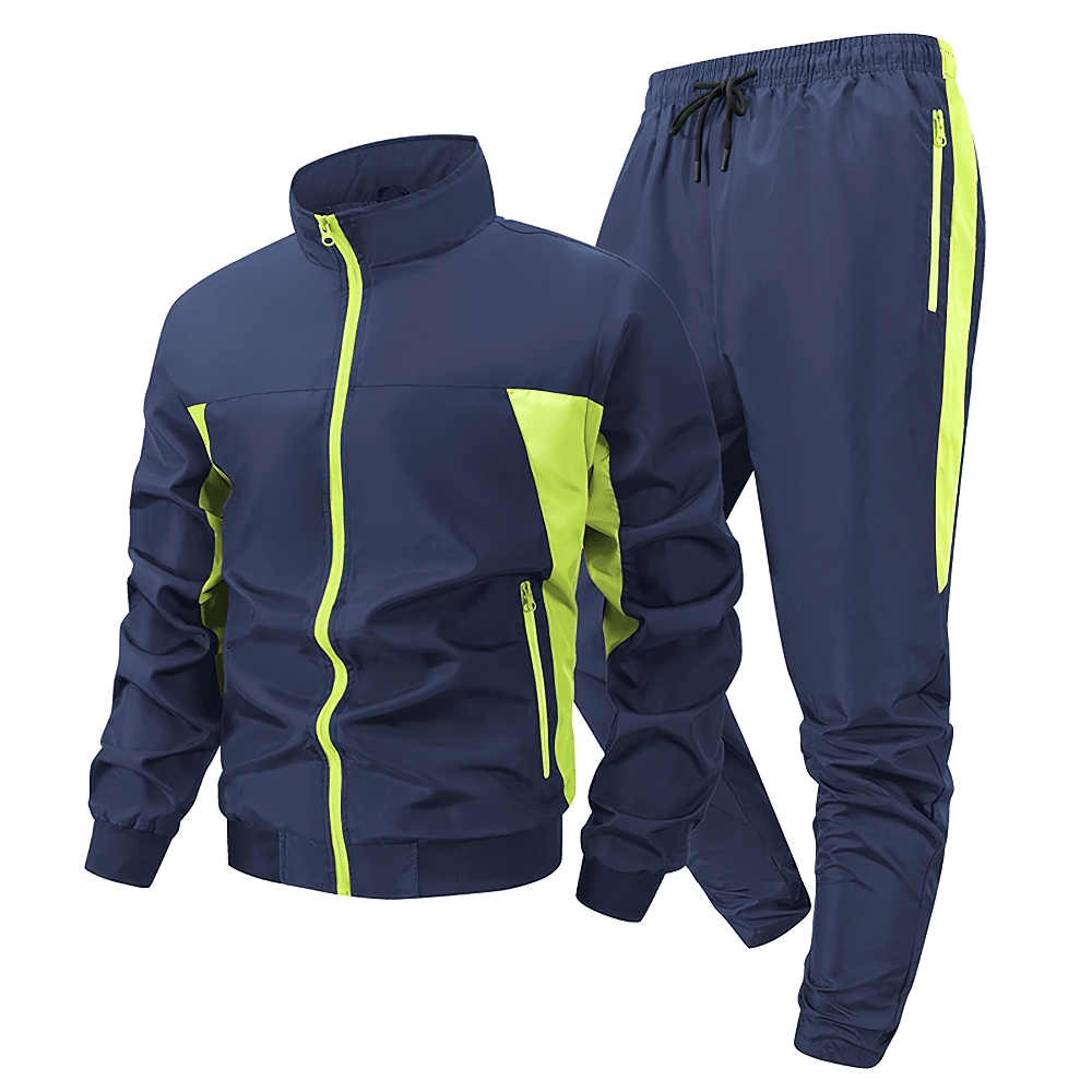 Men's Colorblock Zip Up Track Suit with Jogger Pants - SF4558 in navy and neon colors.