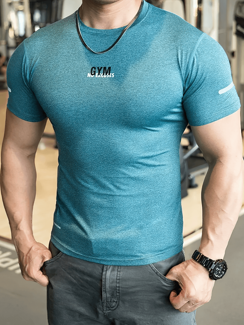 Alt Tag: Men's Compression Gym T-Shirt for Workout Training - SF4359 teal short-sleeve slim-fit compression tee for gym workouts and running