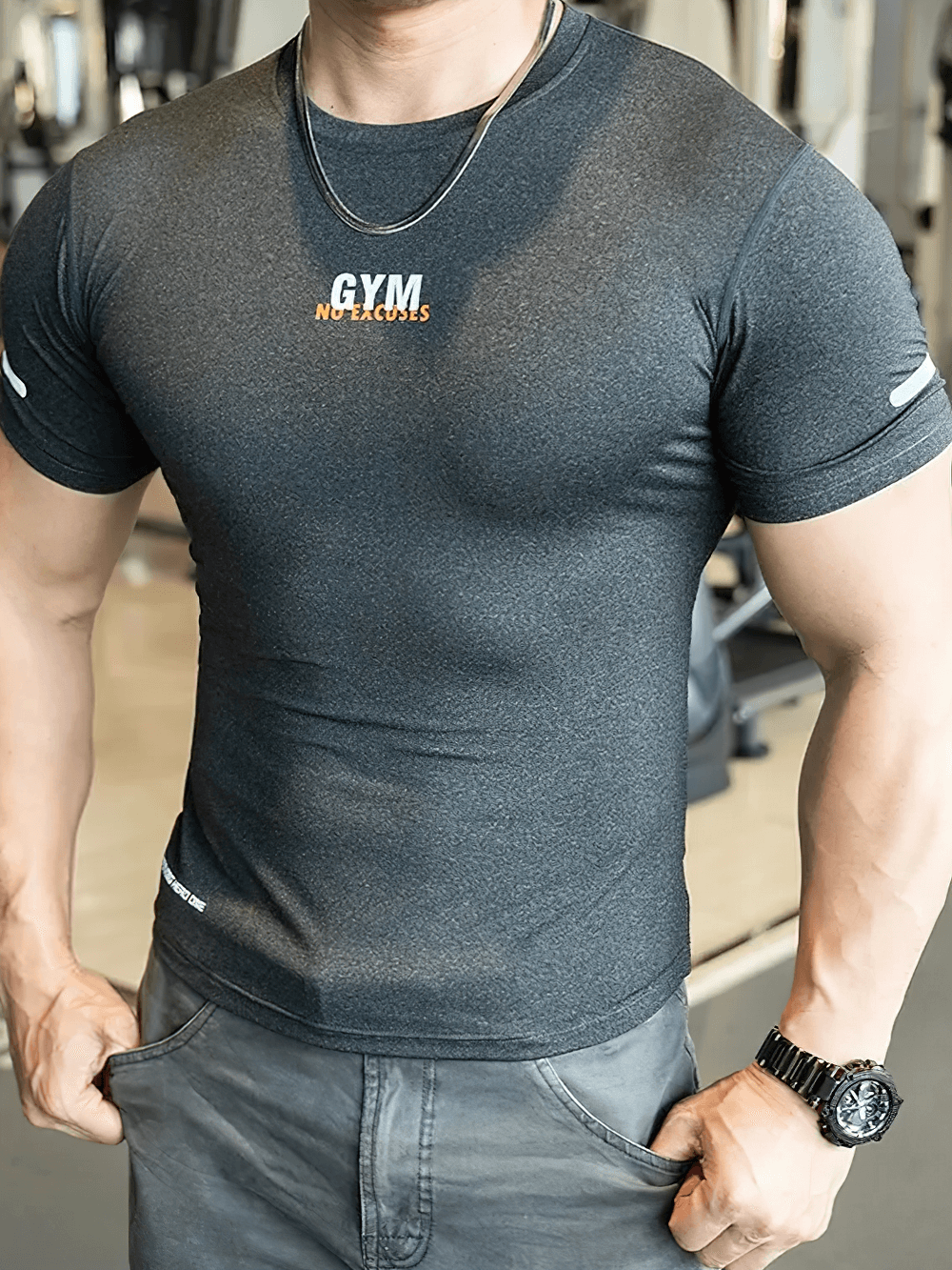 Alt Tag: Men's Compression Gym T-Shirt for Workout Training - SF4359 slim-fit short sleeve compression tee for gym, running, training